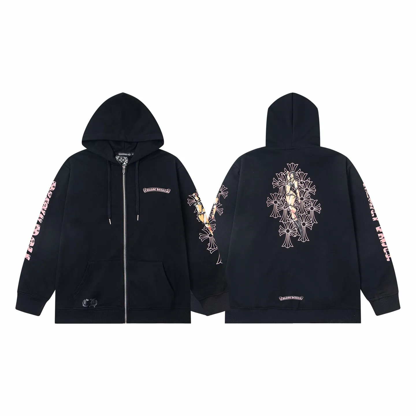P280 Style number: Y265 Chrome Hearts Deadly Doll co-branded comic girl zipper long-sleeved hooded sweatshirt jacket. Heavy production. Scan the QR code to enter the official website in seconds. All customized originals are the same. Many details. What you see is what you get. Look for the exclusive background. Zhengerbajing 500g pure cotton large terry fabric. All fabrics have been shrunk in advance. Quality first. What you see is what you get. The pattern will not change after one wash. Distinguish some disposable clothes in the market. Three standards The packaging is complete, all original versions are restored and customized, the same style for men and women is versatile, a more classic version, the version is very unique, hangtag, hanging particles, washed, packaging bag, full set of accessories, very good appearance, super exquisite workmanship, color: black, size: S-XL